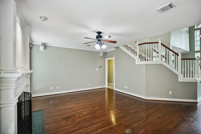 unfurnished living room featuring ceiling fan, hardwood / wood-style flooring, and crown molding