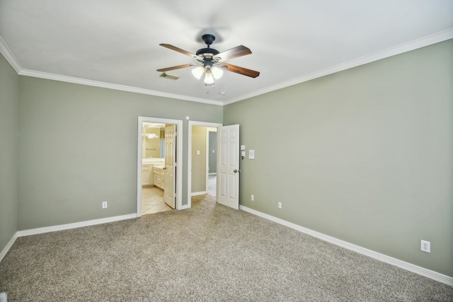 unfurnished bedroom with light carpet, connected bathroom, ceiling fan, and crown molding