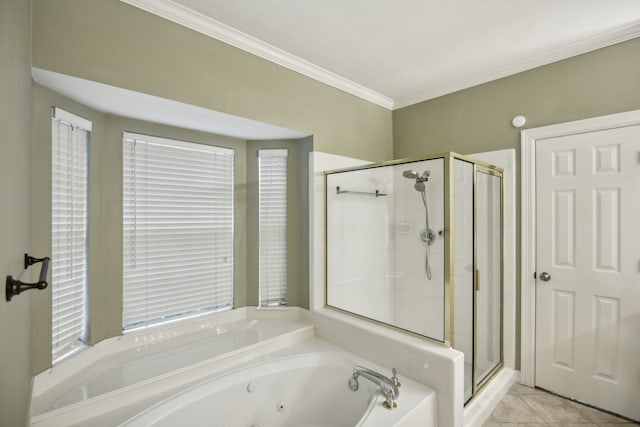 bathroom featuring independent shower and bath, tile patterned floors, and crown molding