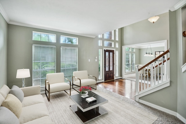 living room with crown molding and hardwood / wood-style flooring