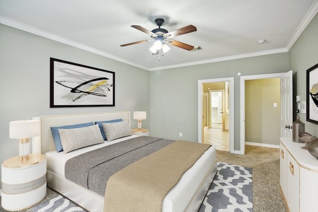 bedroom featuring light colored carpet, crown molding, and ceiling fan