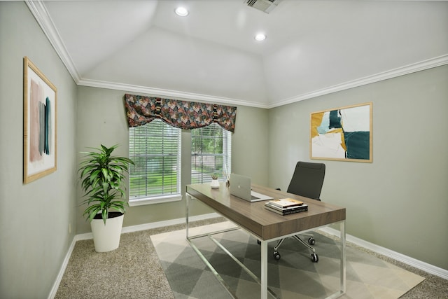 carpeted office with vaulted ceiling and ornamental molding