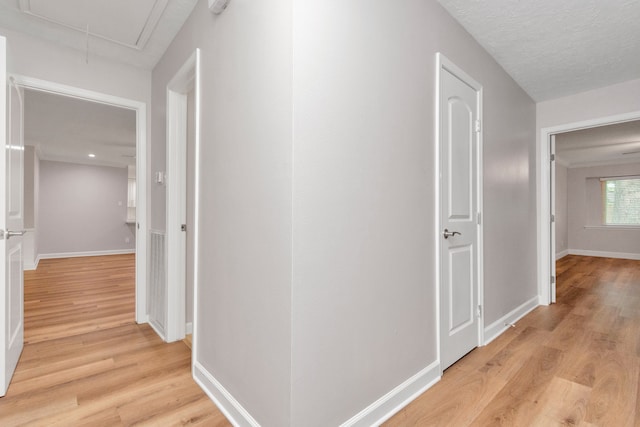 hallway featuring a textured ceiling and light hardwood / wood-style floors