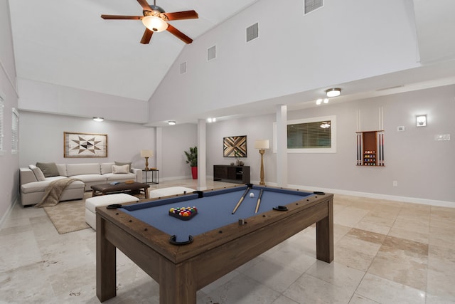 game room featuring high vaulted ceiling, ceiling fan, light tile patterned floors, and pool table