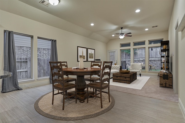 dining area featuring ceiling fan and light tile patterned floors