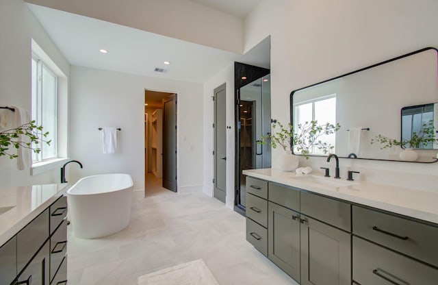 bathroom with vanity, separate shower and tub, and a healthy amount of sunlight