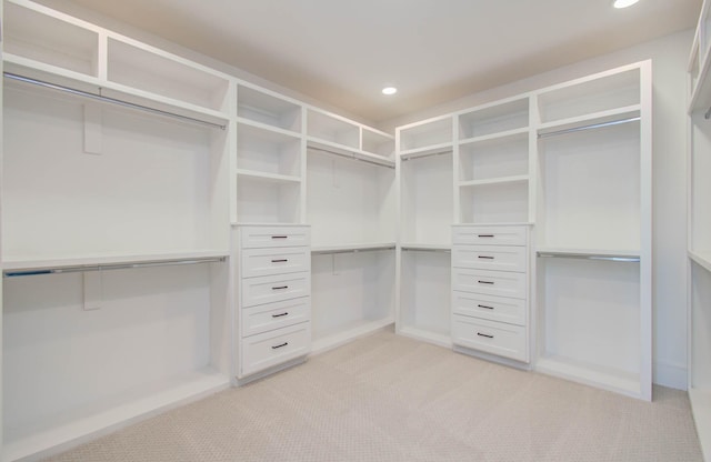 walk in closet with light carpet