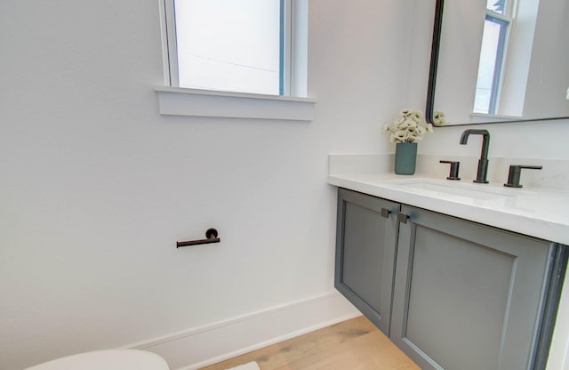 bathroom with hardwood / wood-style flooring, vanity, and toilet