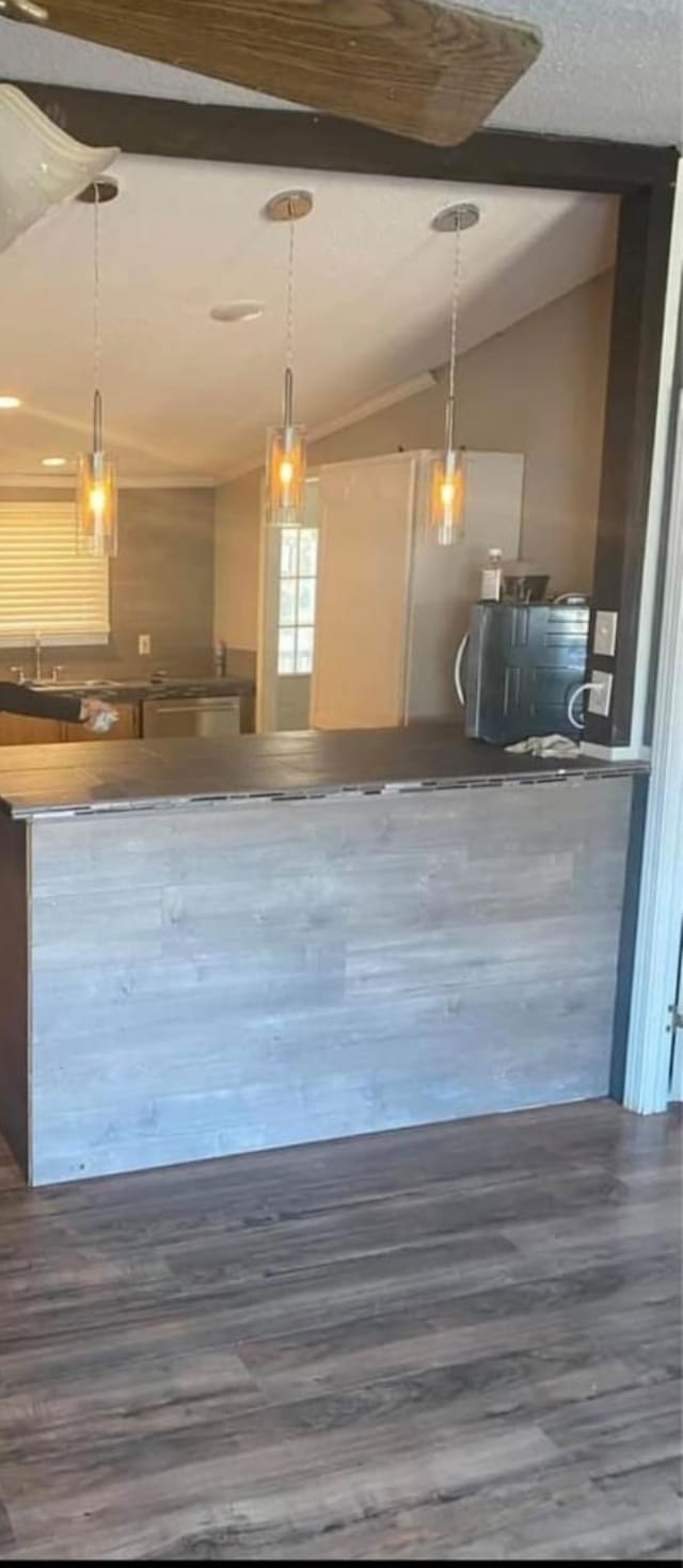 kitchen with pendant lighting, dark hardwood / wood-style flooring, and lofted ceiling