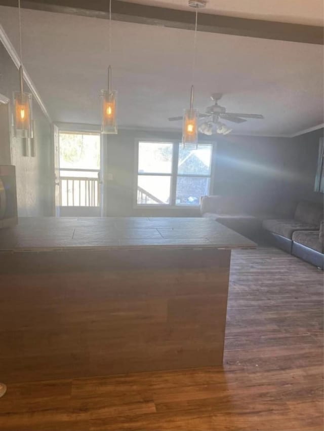 10 A Park Ln, Huntsville, TX 77320 - interior space featuring beam ceiling, wood finished floors, ceiling fan, and ornamental molding