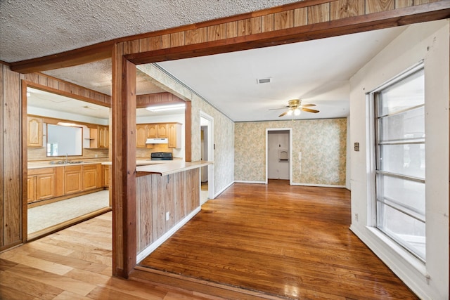 hallway with hardwood / wood-style floors, sink, and a textured ceiling