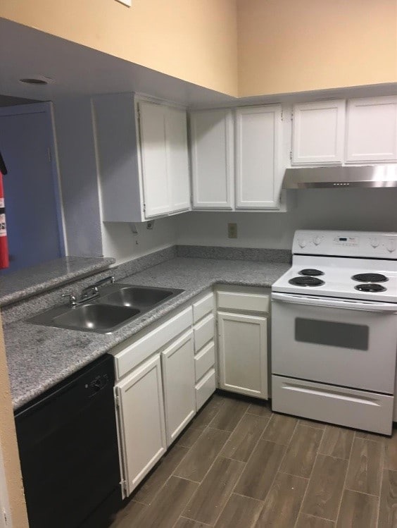 kitchen featuring dishwasher, electric stove, white cabinets, and dark wood-type flooring