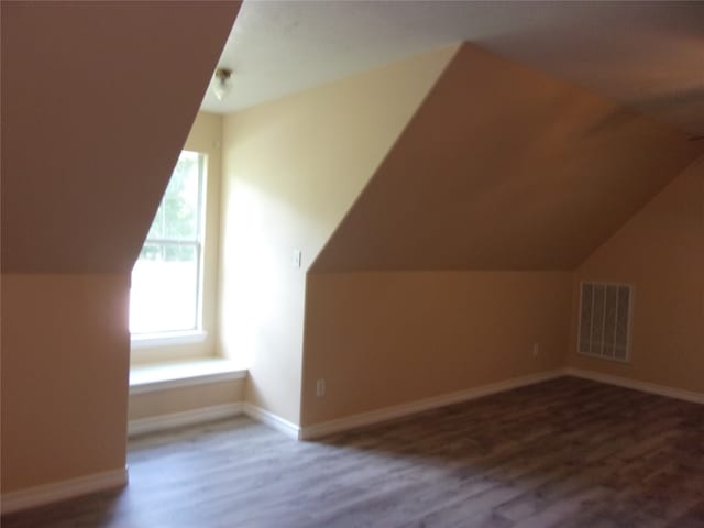 additional living space featuring vaulted ceiling and hardwood / wood-style floors