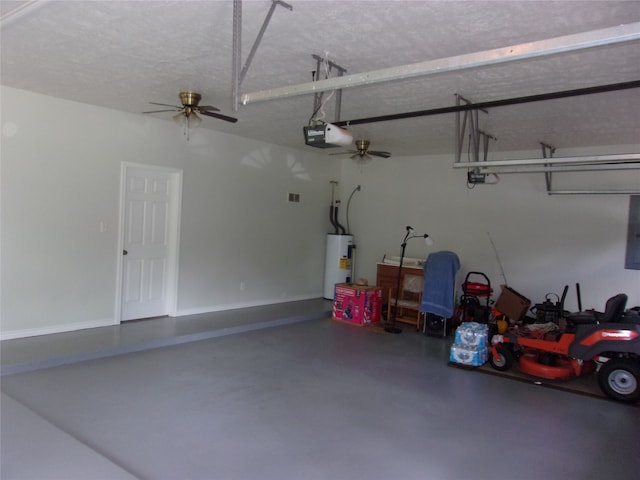 garage featuring a garage door opener, ceiling fan, water heater, and electric panel