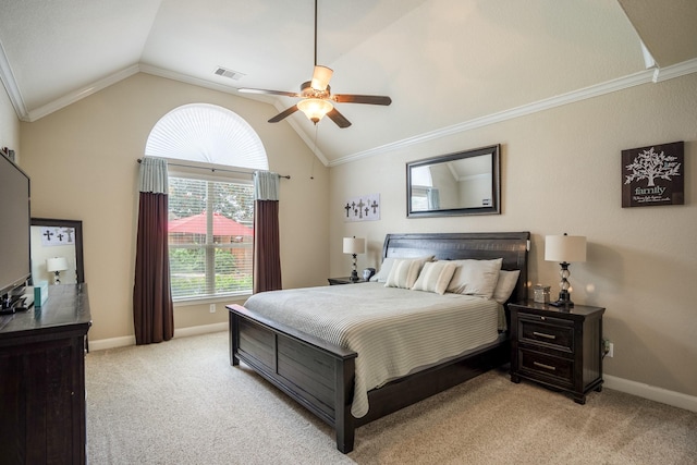 bedroom featuring crown molding, ceiling fan, vaulted ceiling, and light carpet