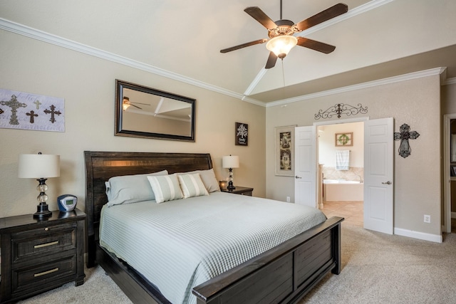 carpeted bedroom featuring crown molding, ceiling fan, and ensuite bath