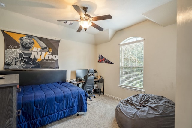 bedroom featuring multiple windows, carpet flooring, and ceiling fan