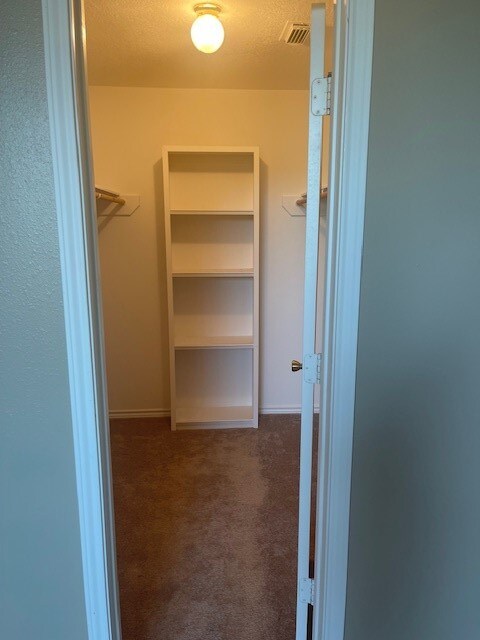 walk in closet featuring dark carpet