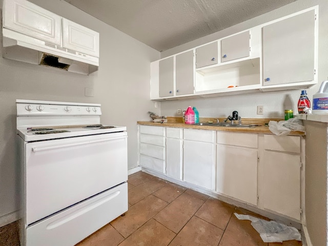 kitchen with white cabinetry, white electric range, exhaust hood, tile patterned floors, and sink