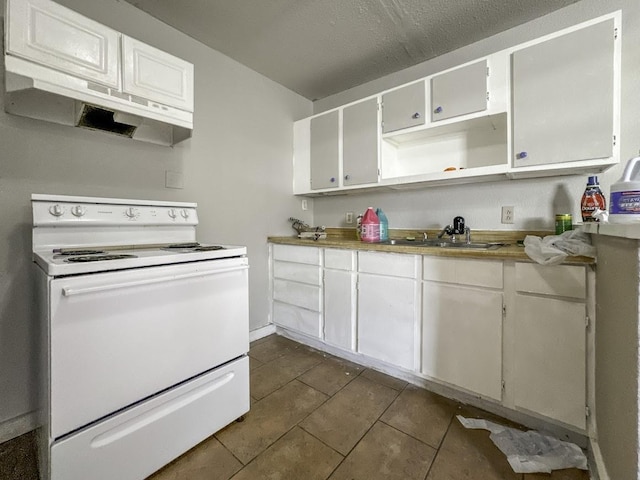 kitchen with white electric stove, under cabinet range hood, white cabinetry, open shelves, and a sink