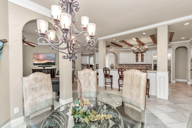 tiled dining room featuring beam ceiling, ceiling fan with notable chandelier, and crown molding