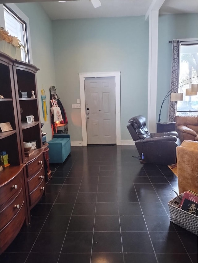 foyer entrance featuring baseboards, a healthy amount of sunlight, and dark tile patterned floors