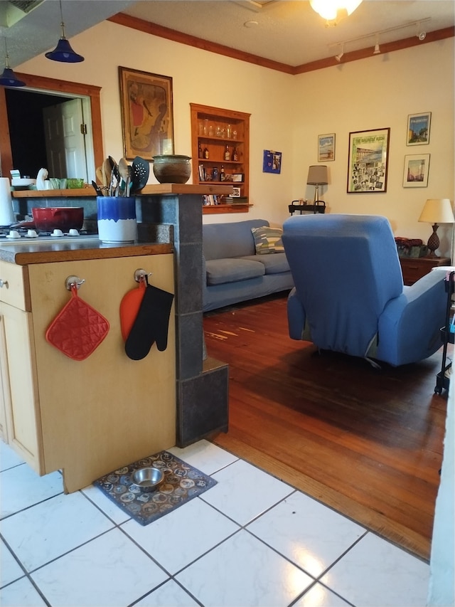 living room with ornamental molding, hardwood / wood-style floors, and built in features