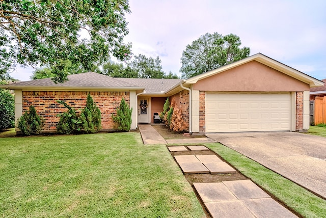 ranch-style house featuring a garage and a front lawn