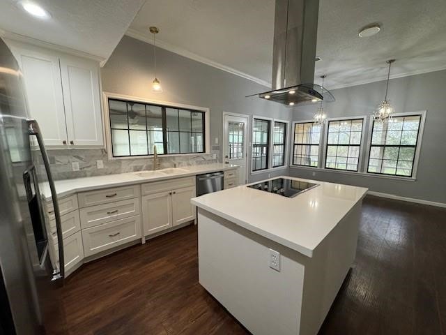 kitchen featuring island exhaust hood, white cabinetry, sink, and dark wood-type flooring