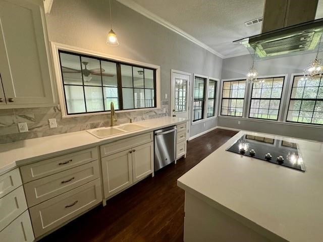 kitchen featuring dark wood-type flooring, sink, dishwasher, and a chandelier