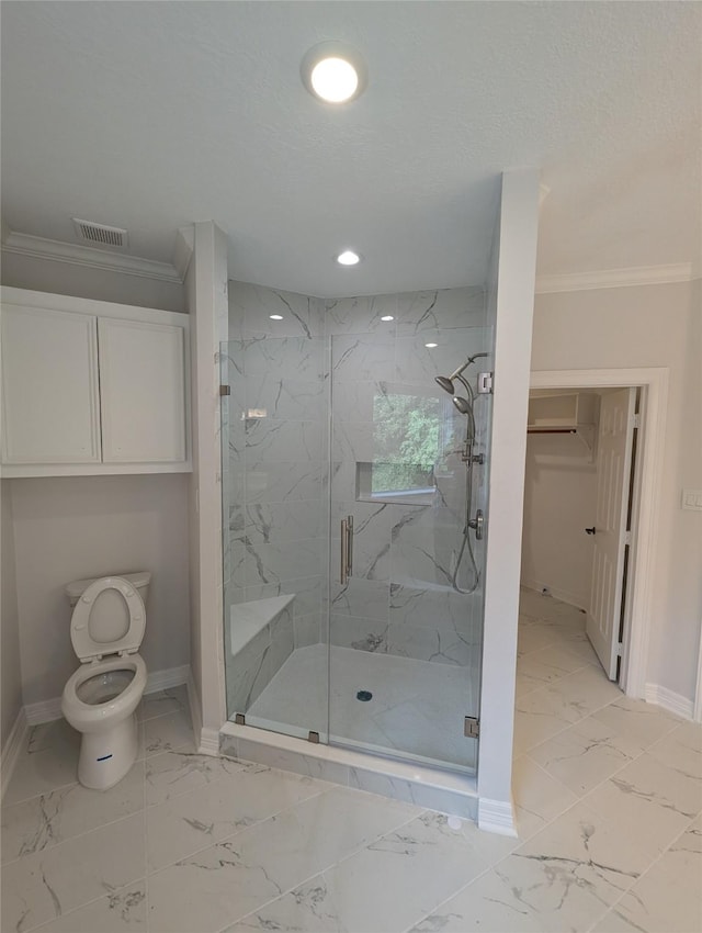 bathroom with a wall mounted AC, ornamental molding, a textured ceiling, toilet, and walk in shower