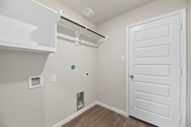 laundry room featuring electric dryer hookup, dark hardwood / wood-style flooring, and washer hookup