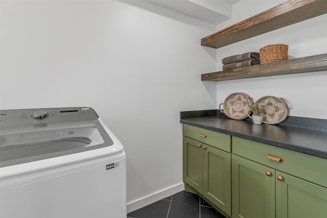 washroom featuring washer / clothes dryer, cabinets, and dark tile patterned flooring