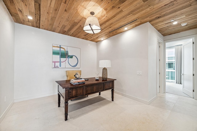 home office featuring wooden ceiling