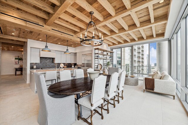 dining room with beam ceiling, a chandelier, and wooden ceiling