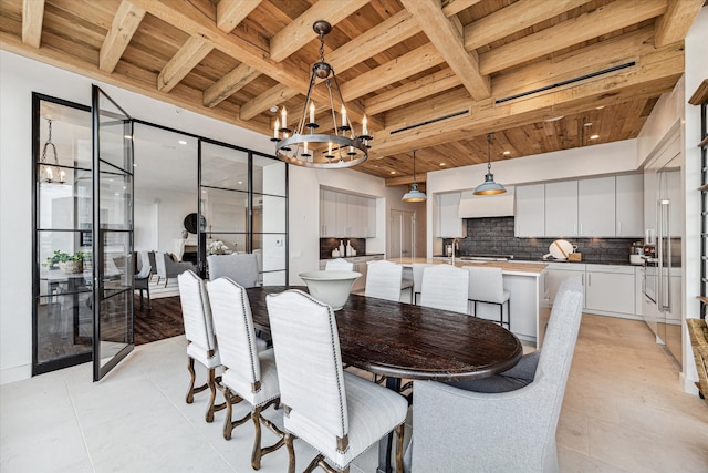 tiled dining area with an inviting chandelier, beamed ceiling, and wooden ceiling