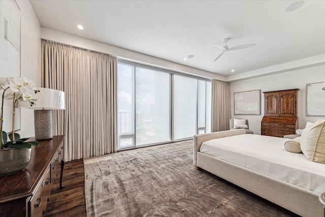 bedroom with access to outside, dark wood-type flooring, and ceiling fan