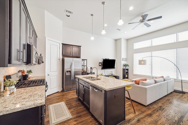 kitchen featuring appliances with stainless steel finishes, sink, a kitchen island with sink, dark wood-type flooring, and ceiling fan