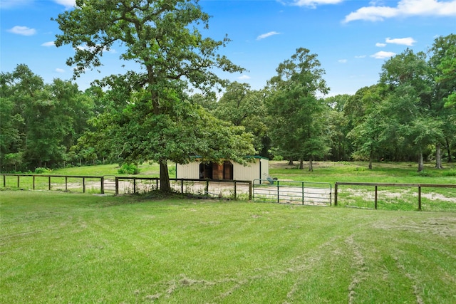 view of yard with an outdoor structure and a rural view