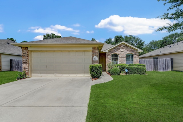 single story home featuring a front yard and a garage