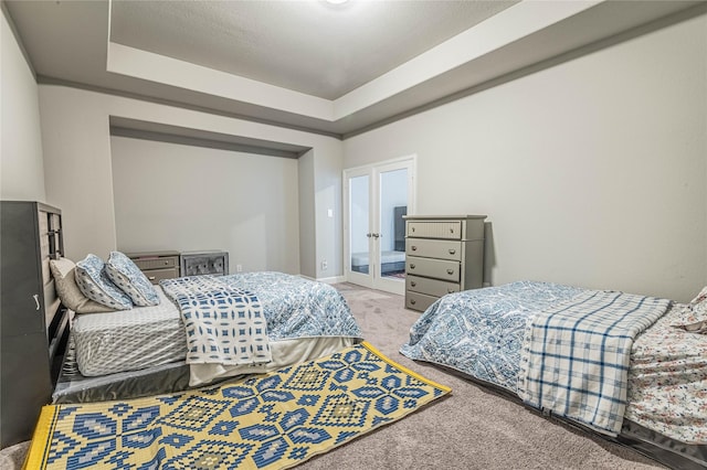 bedroom featuring light colored carpet and a tray ceiling