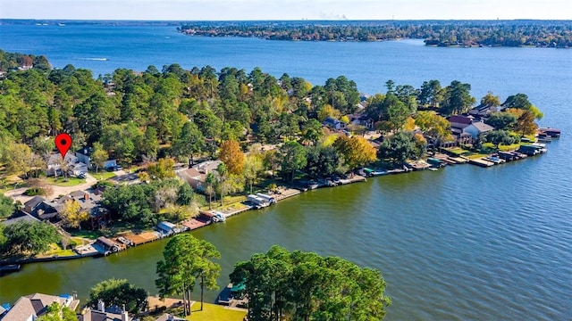 bird's eye view with a water view