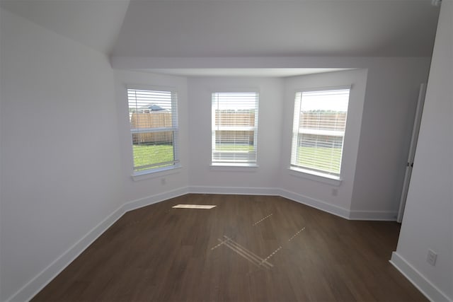 empty room with lofted ceiling and dark hardwood / wood-style floors