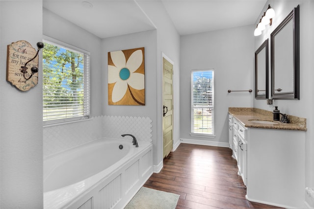 bathroom featuring a tub, hardwood / wood-style floors, and vanity