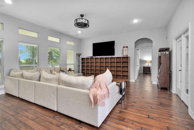 living room with dark hardwood / wood-style floors