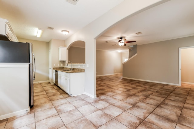 kitchen featuring sink, white cabinets, stone counters, and appliances with stainless steel finishes