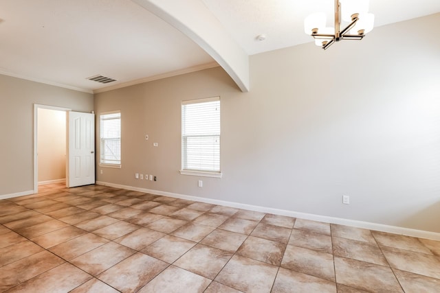 tiled spare room with beamed ceiling and a notable chandelier