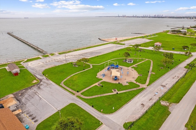 birds eye view of property featuring a water view