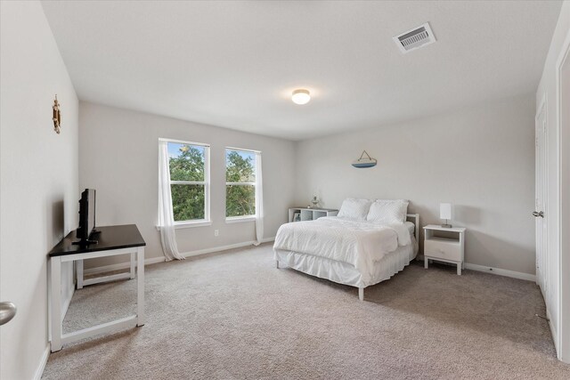 bedroom with light colored carpet