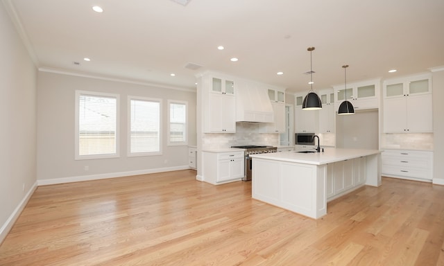 kitchen with sink, white cabinetry, stainless steel range, custom range hood, and a center island with sink